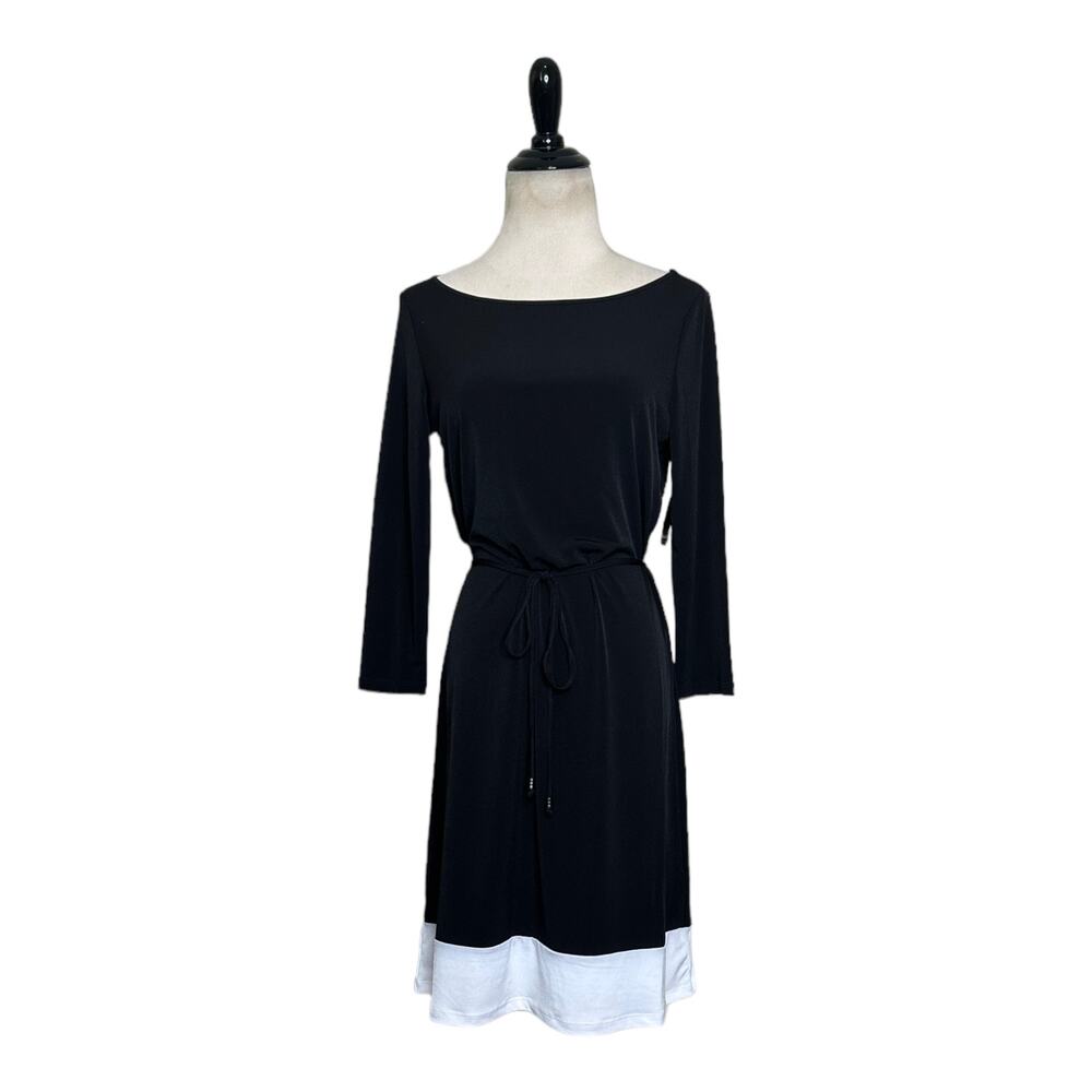 Tahari black with white trim 3/4 sleeves belted mini dress size XS
